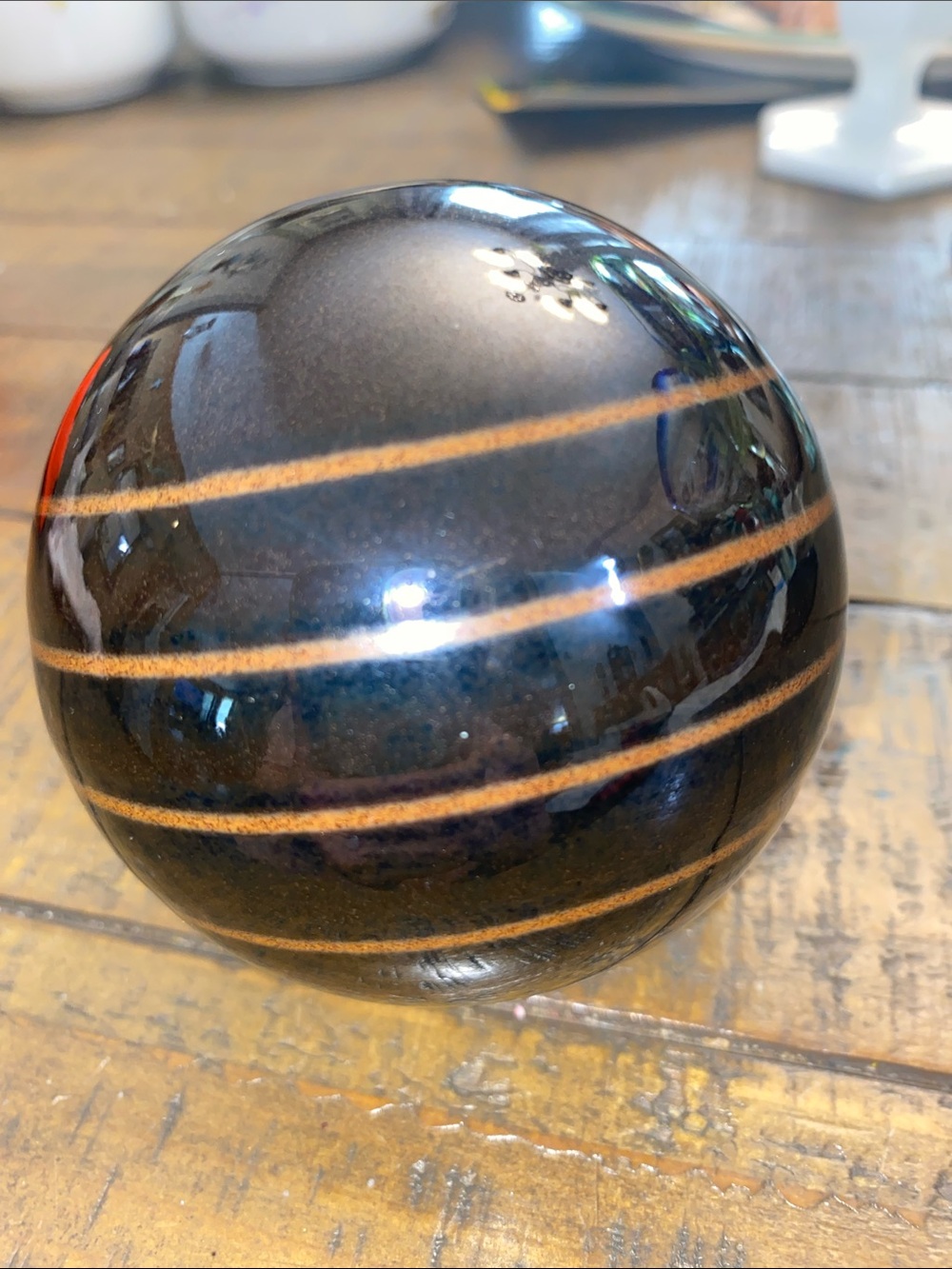 Decorative Brown Glass Sphere with Copper Bands - Home Art Accent